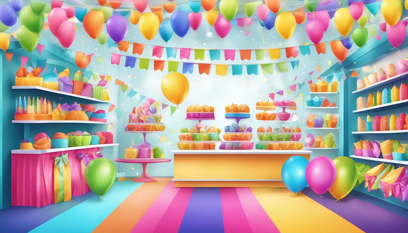 Colorful party decorations and supplies arranged on shelves in a festive store setting. Balloons, streamers, tableware, and banners on display