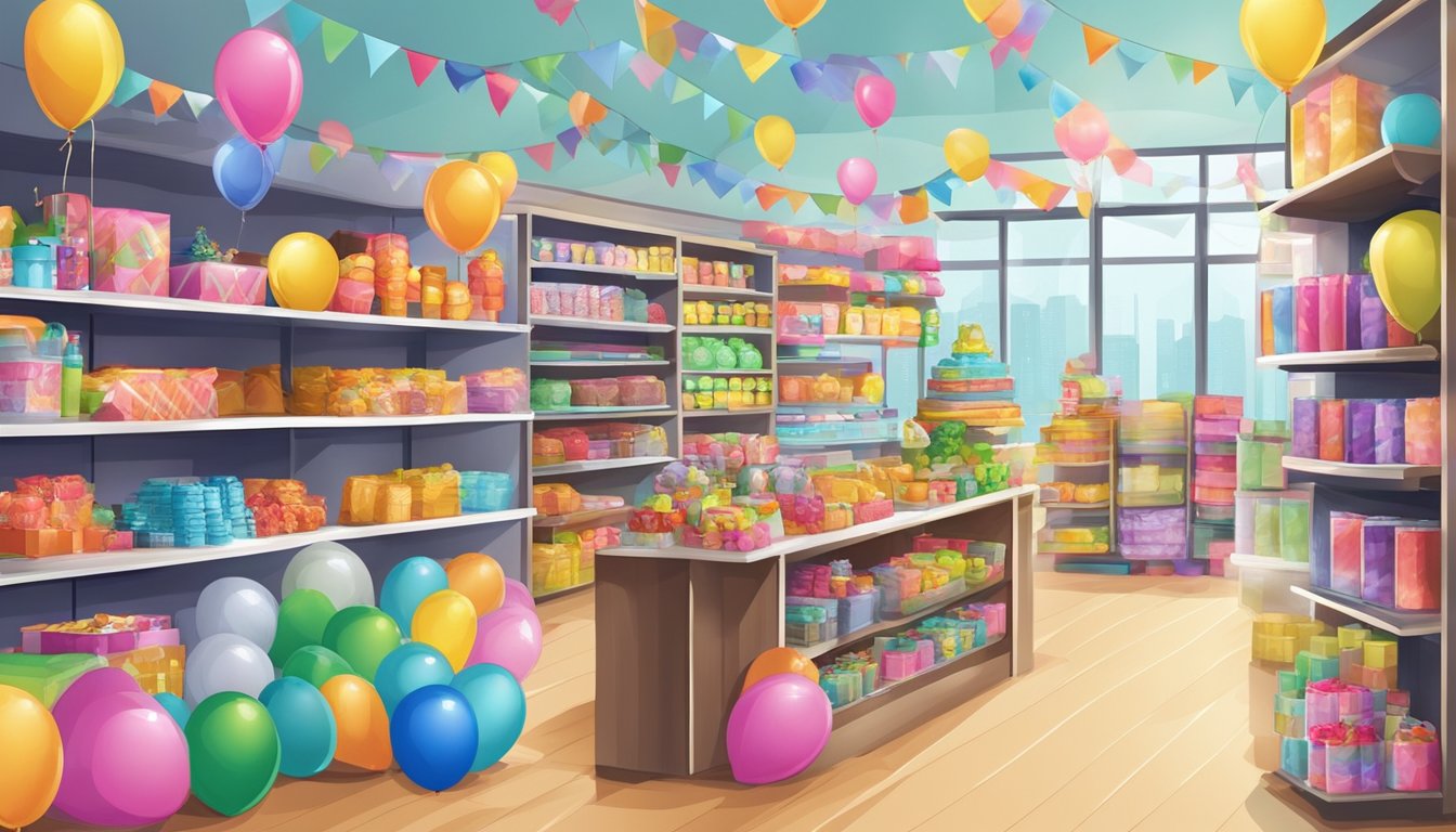 A bustling party supply store in Singapore with colorful decorations, balloons, and a variety of themed items neatly displayed on shelves