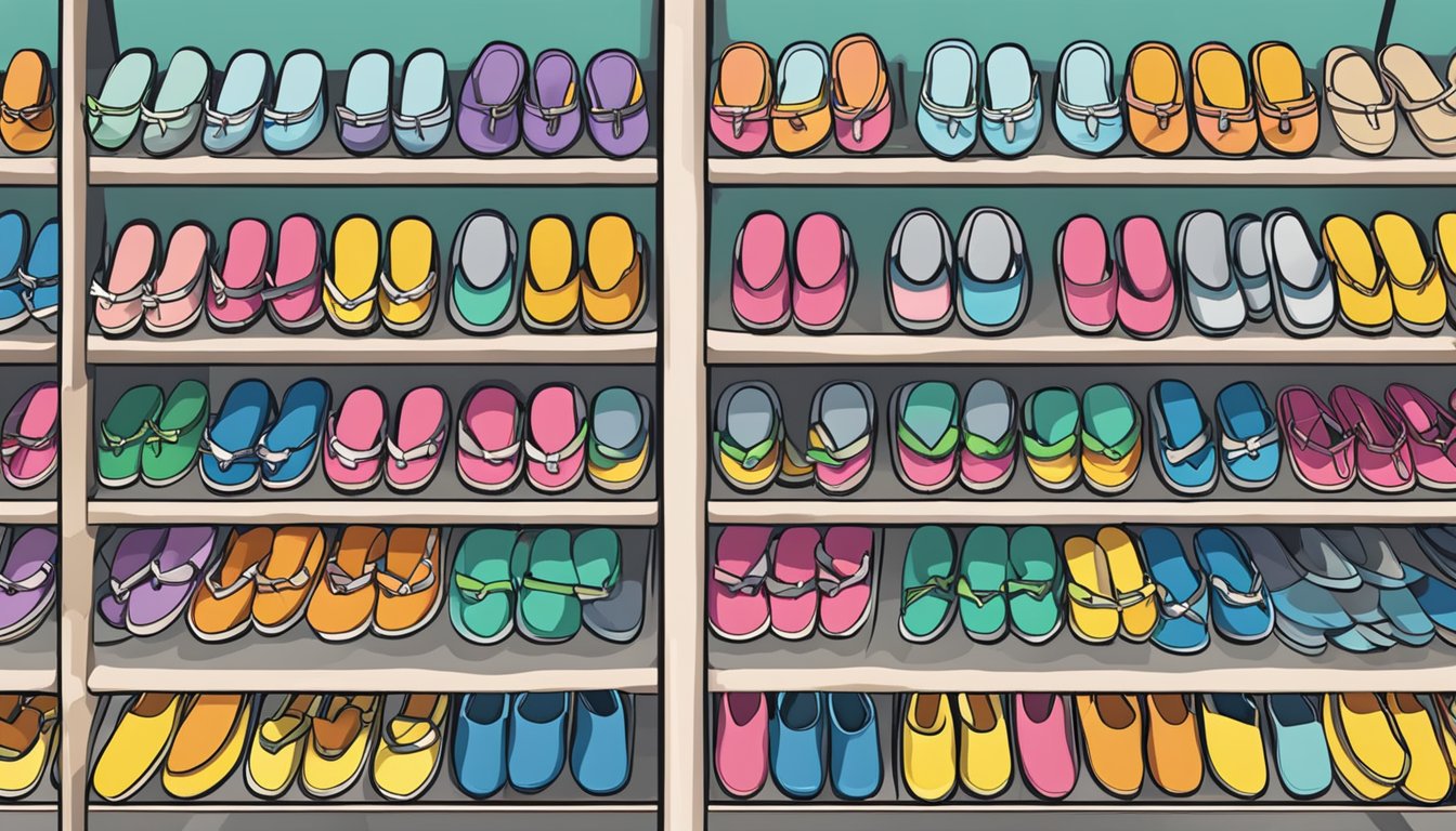 A colorful display of reef slippers in a busy Singaporean market, with various sizes and styles neatly arranged on shelves and racks