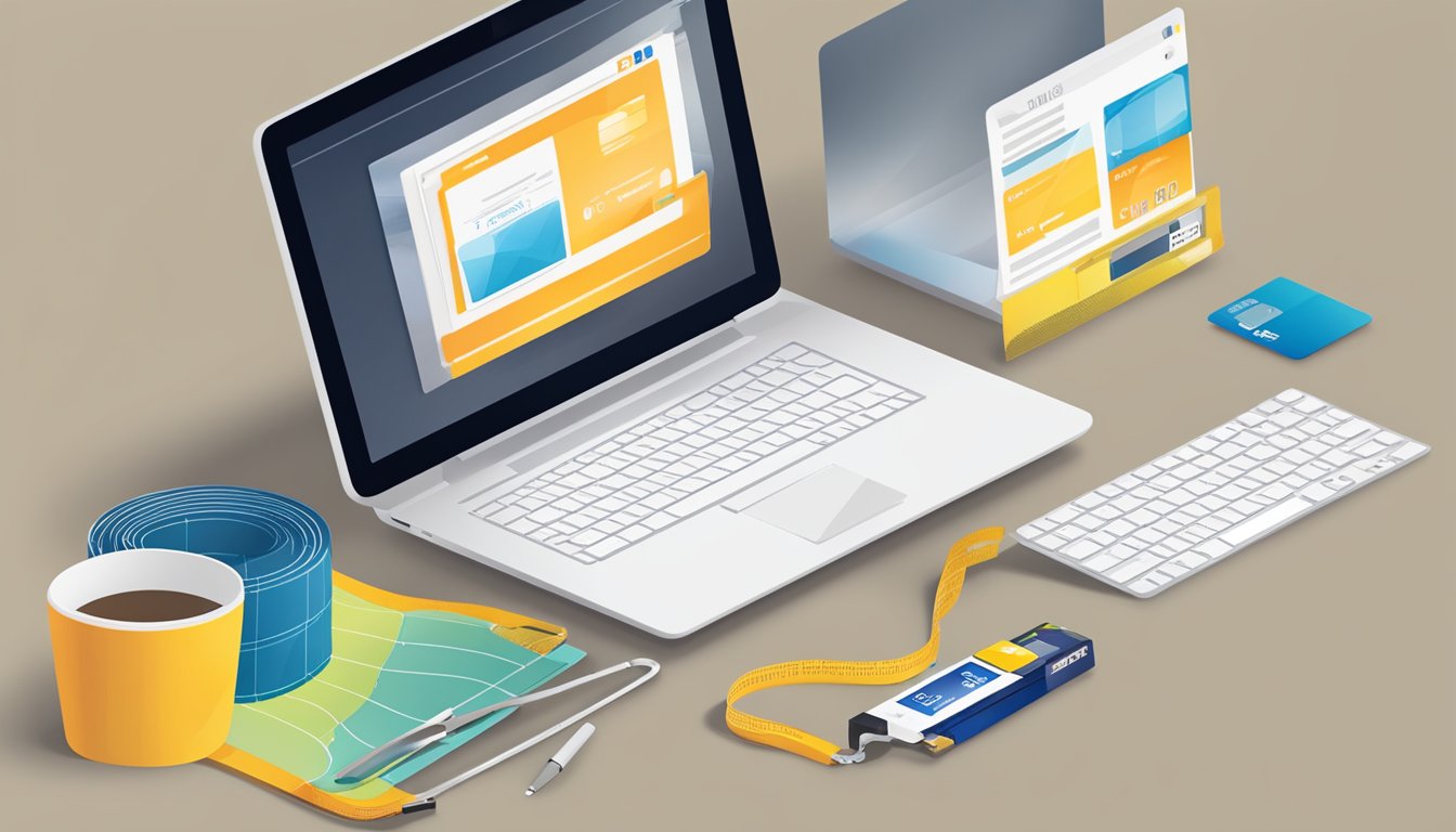 A computer screen with a website open, showing various laminate options. A credit card and measuring tape sit nearby