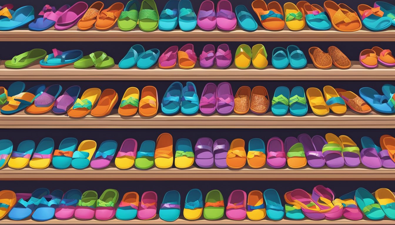 A colorful display of Reef slippers on shelves at top retailers in Singapore, with vibrant designs and sizes for men, women, and children