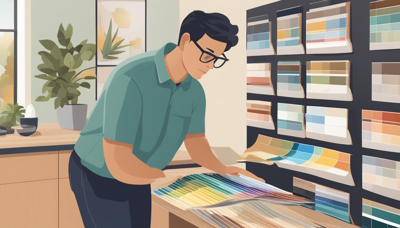 A person browsing through various laminate samples online, comparing colors and textures to find the perfect fit for their space