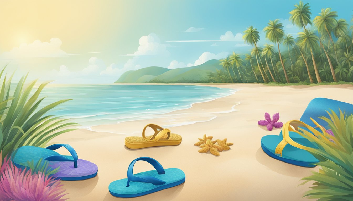 A beach scene with colorful Reef Slippers displayed on a sandy shore, with palm trees and a clear blue sky in the background. Available for purchase at various retail locations in Singapore