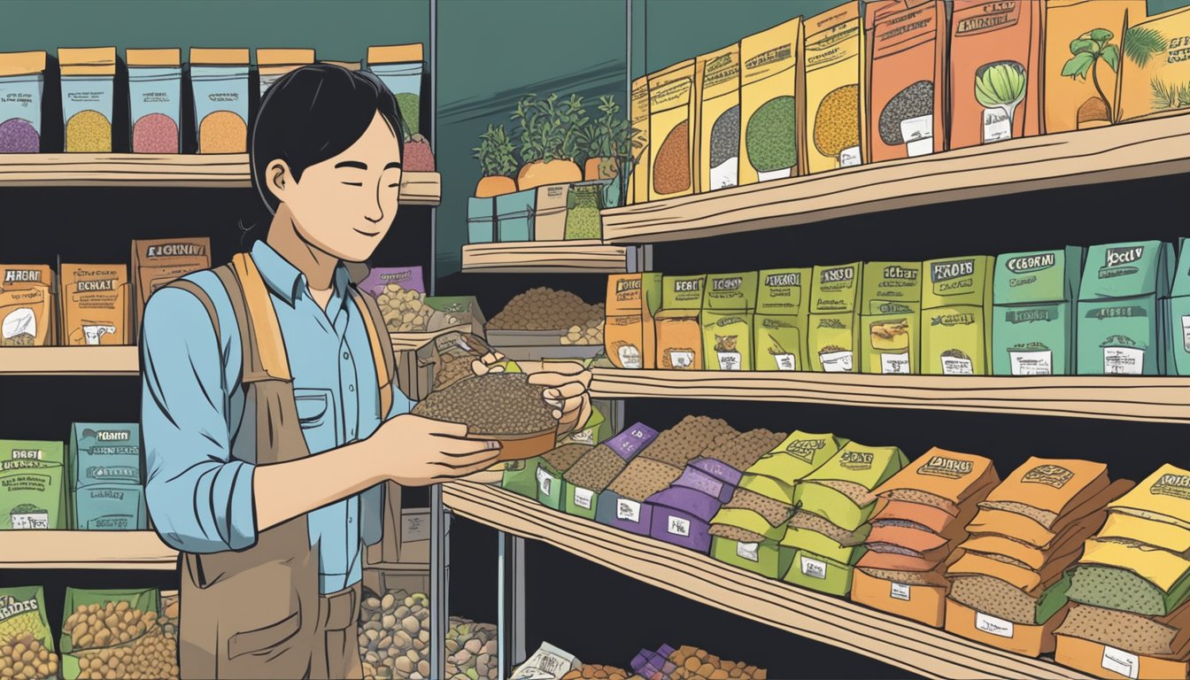 A hand reaches for packets of seeds on a shelf in a garden store in Singapore. The shelves are lined with colorful packets of various types of seeds, and a sign above indicates the different categories available for purchase