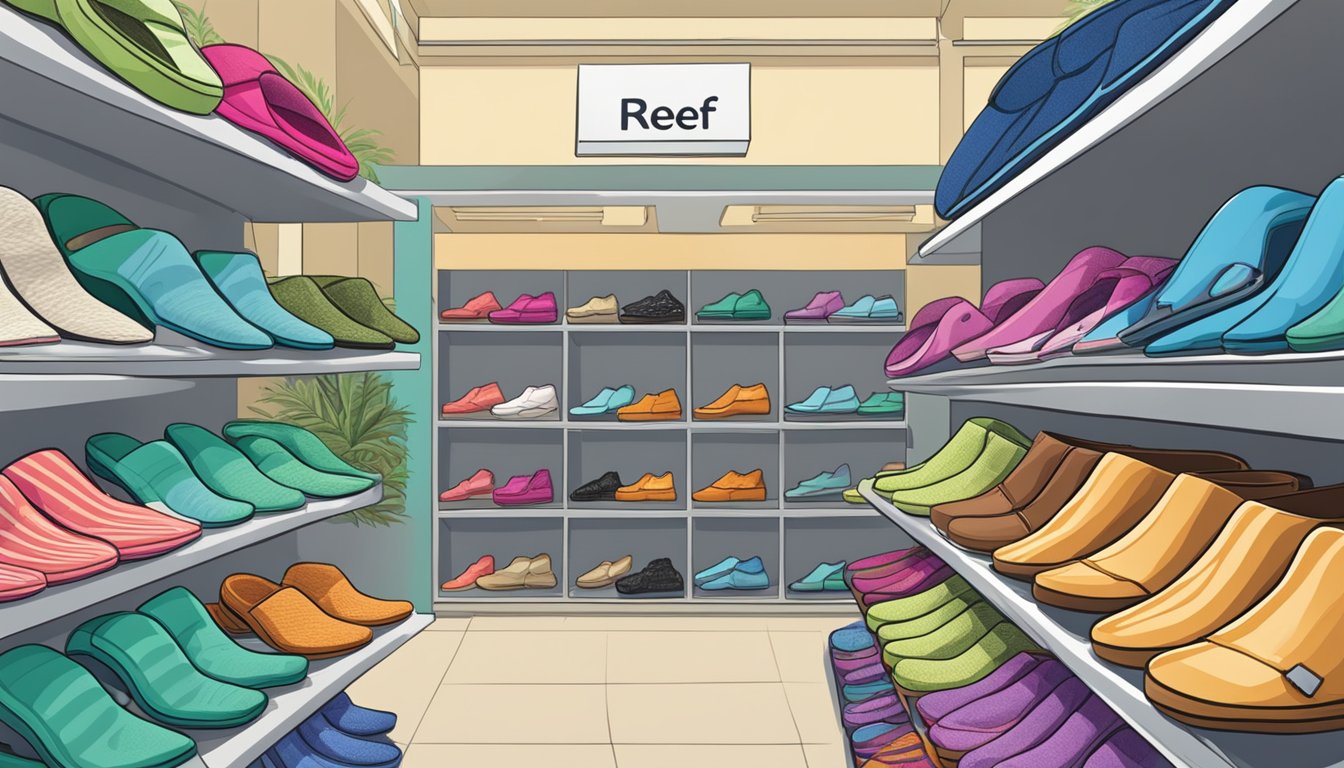 A store display of colorful reef slippers in Singapore, with a sign indicating "Frequently Asked Questions: Where to buy reef slippers in Singapore."