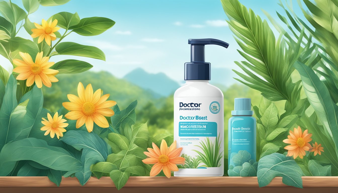 A serene, natural setting with a clear blue sky and lush greenery, showcasing a bottle of Doctor's Best Magnesium surrounded by vibrant, healthy plants