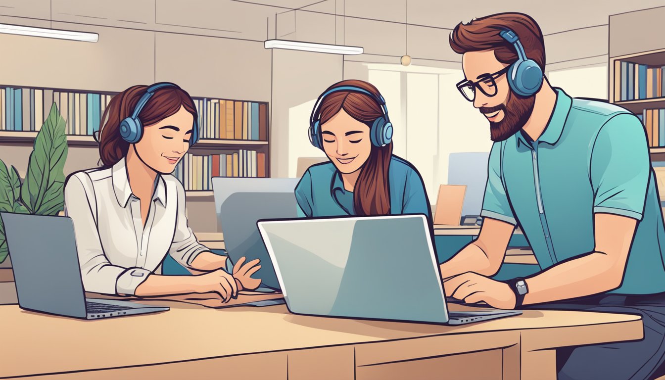 Customers browsing laminate options online, with laptops and tablets, while a customer service representative assists with frequently asked questions