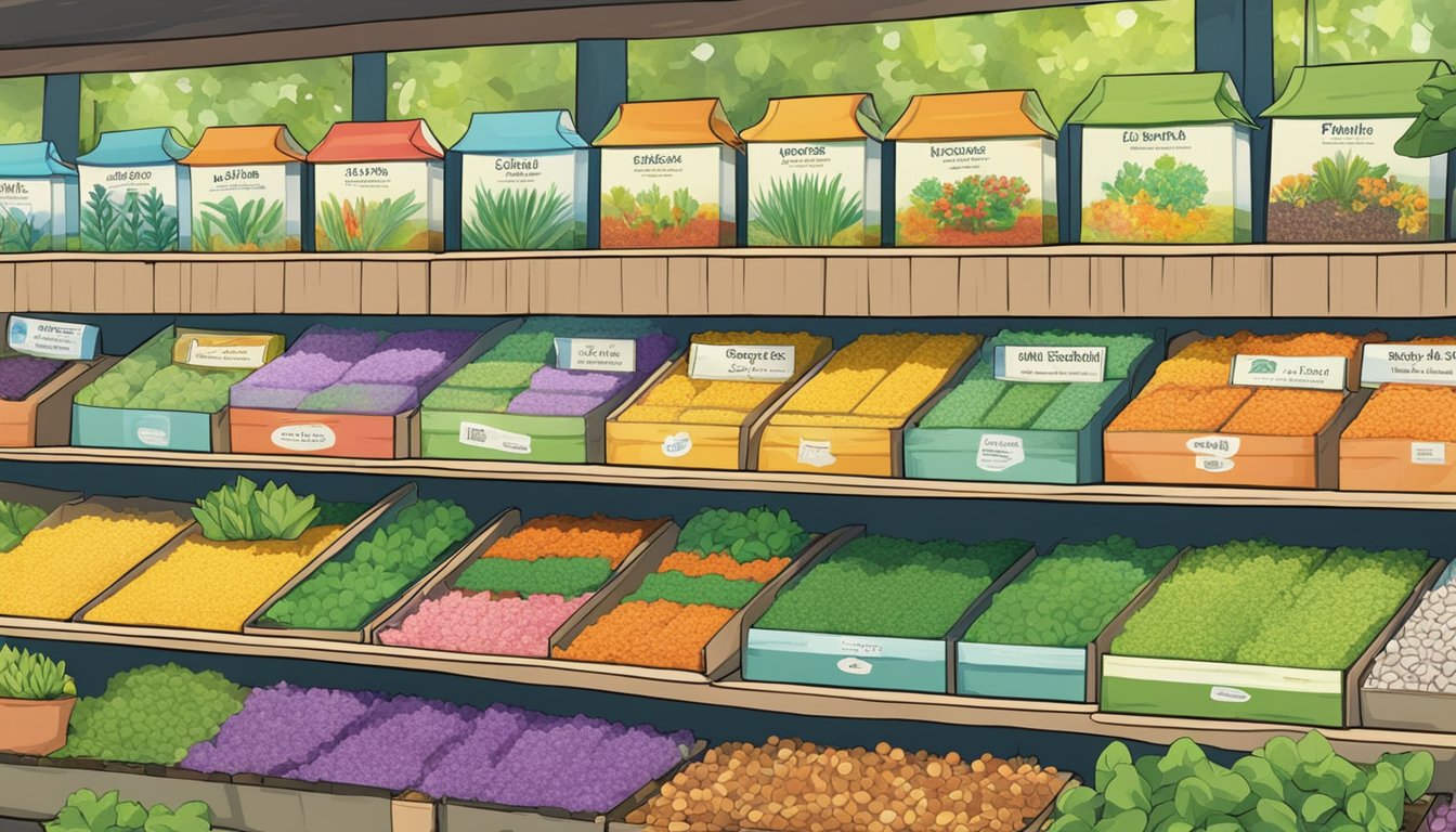 A colorful display of seed packets on shelves in a garden store, with signs indicating "Seeds for Planting" and "Available for Purchase in Singapore."