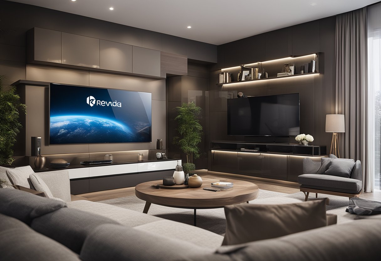 A modern living room with a large flat-screen TV displaying the Revanda IPTV logo, surrounded by comfortable seating and a sleek entertainment center