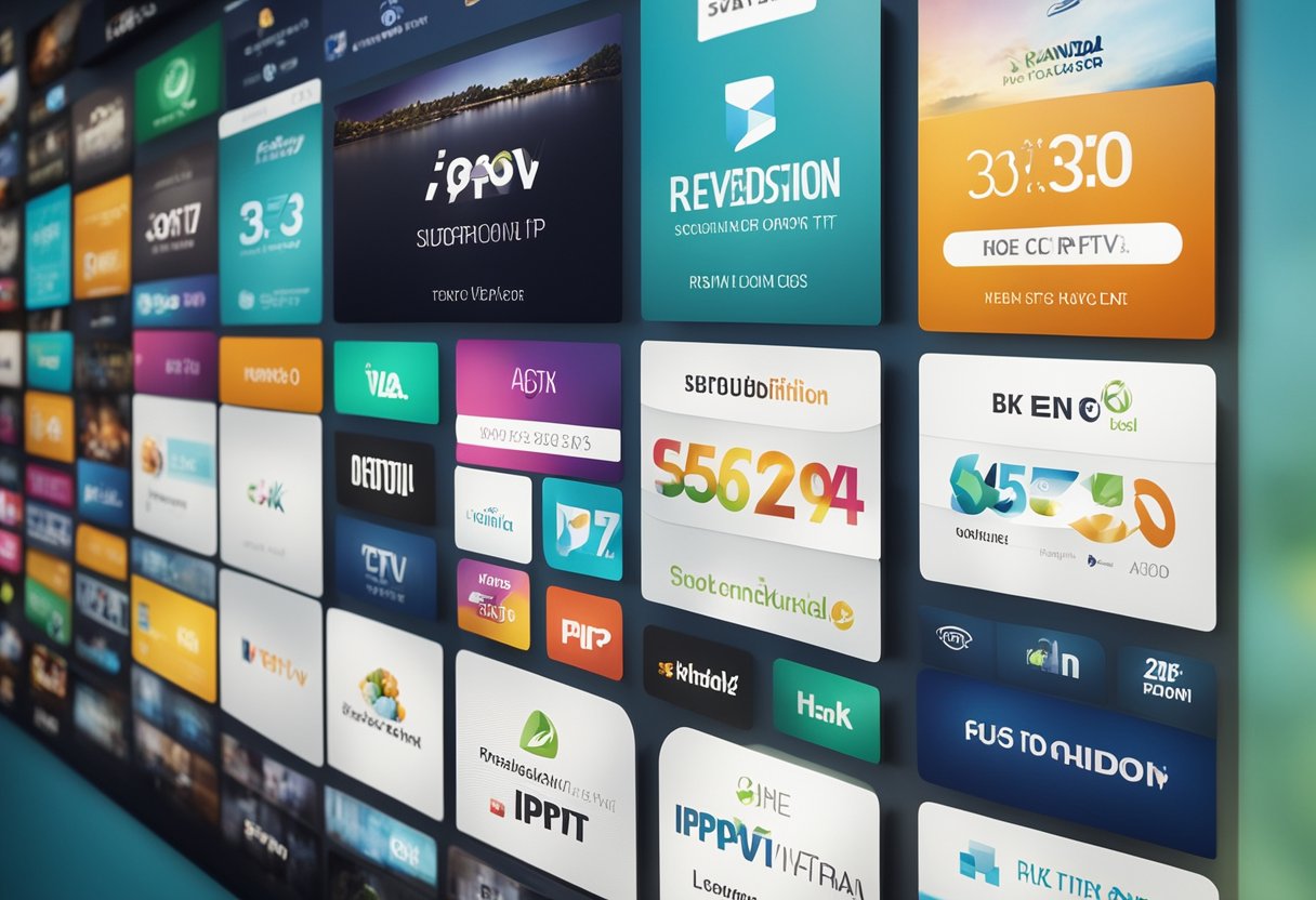 A colorful display of Revanda IPTV subscription options and prices, with bold text and icons, highlighting the best IPTV subscription