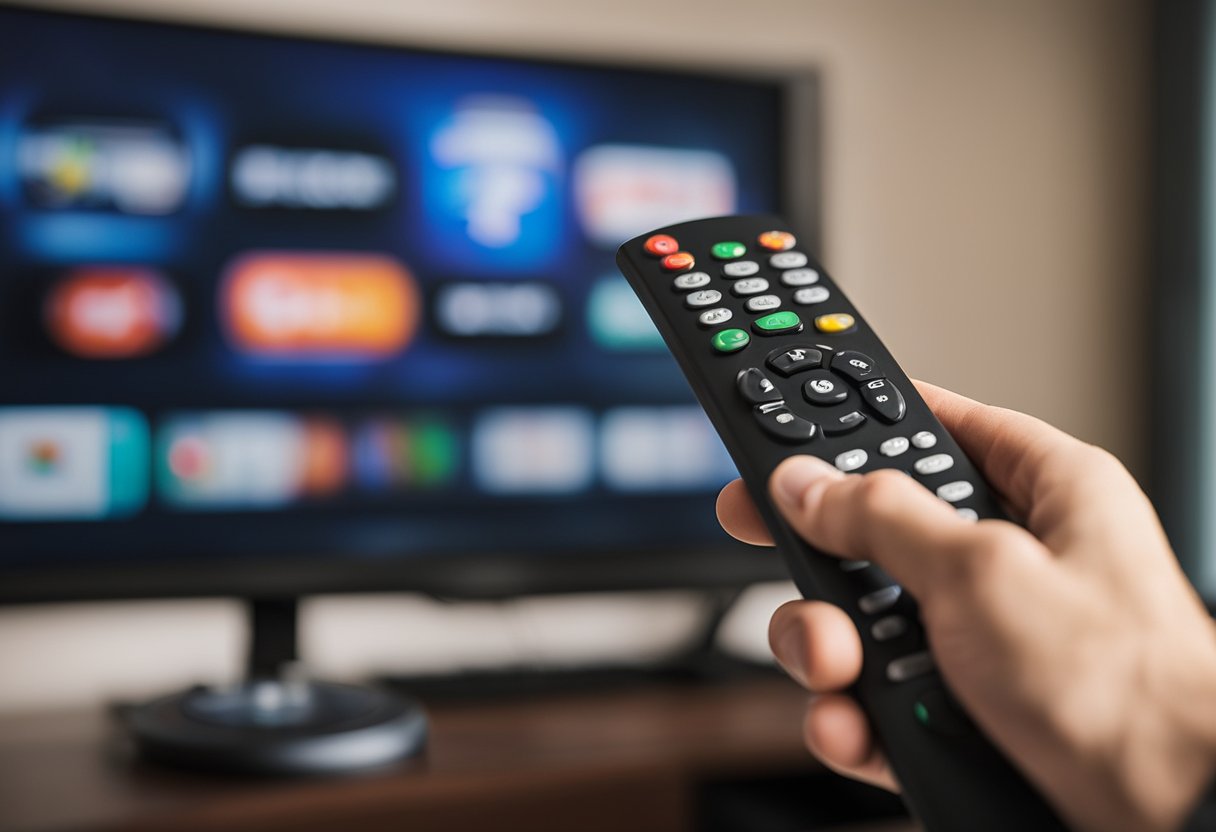 A hand holding a remote control points towards a TV screen displaying the Revanda IPTV installation guide. A modem and router are connected in the background