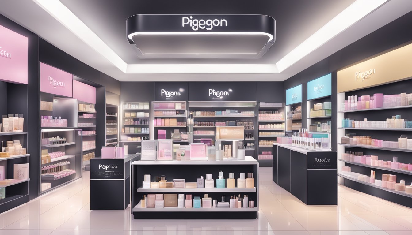 A display of Pigeon Compact Powder at a Singaporean beauty store, surrounded by other makeup products. Bright lighting and clean packaging