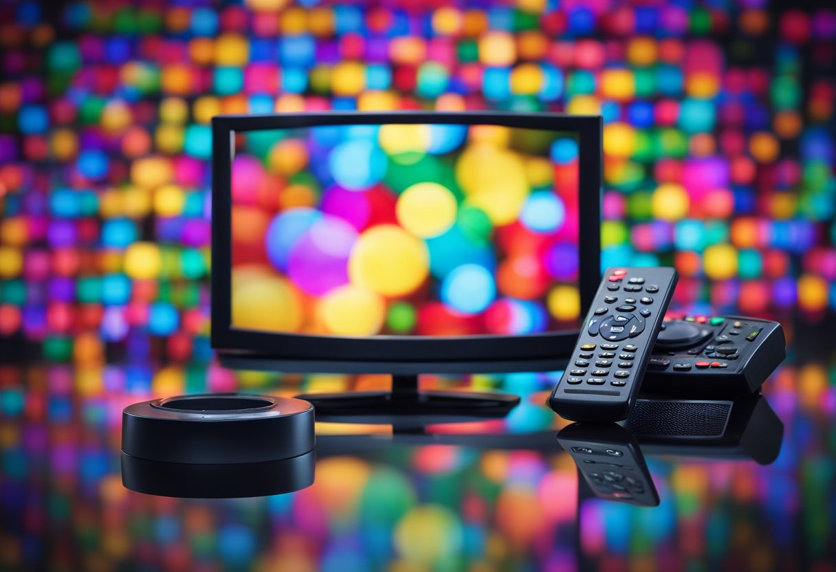 A colorful TV screen displaying various IPTV content with a remote control nearby