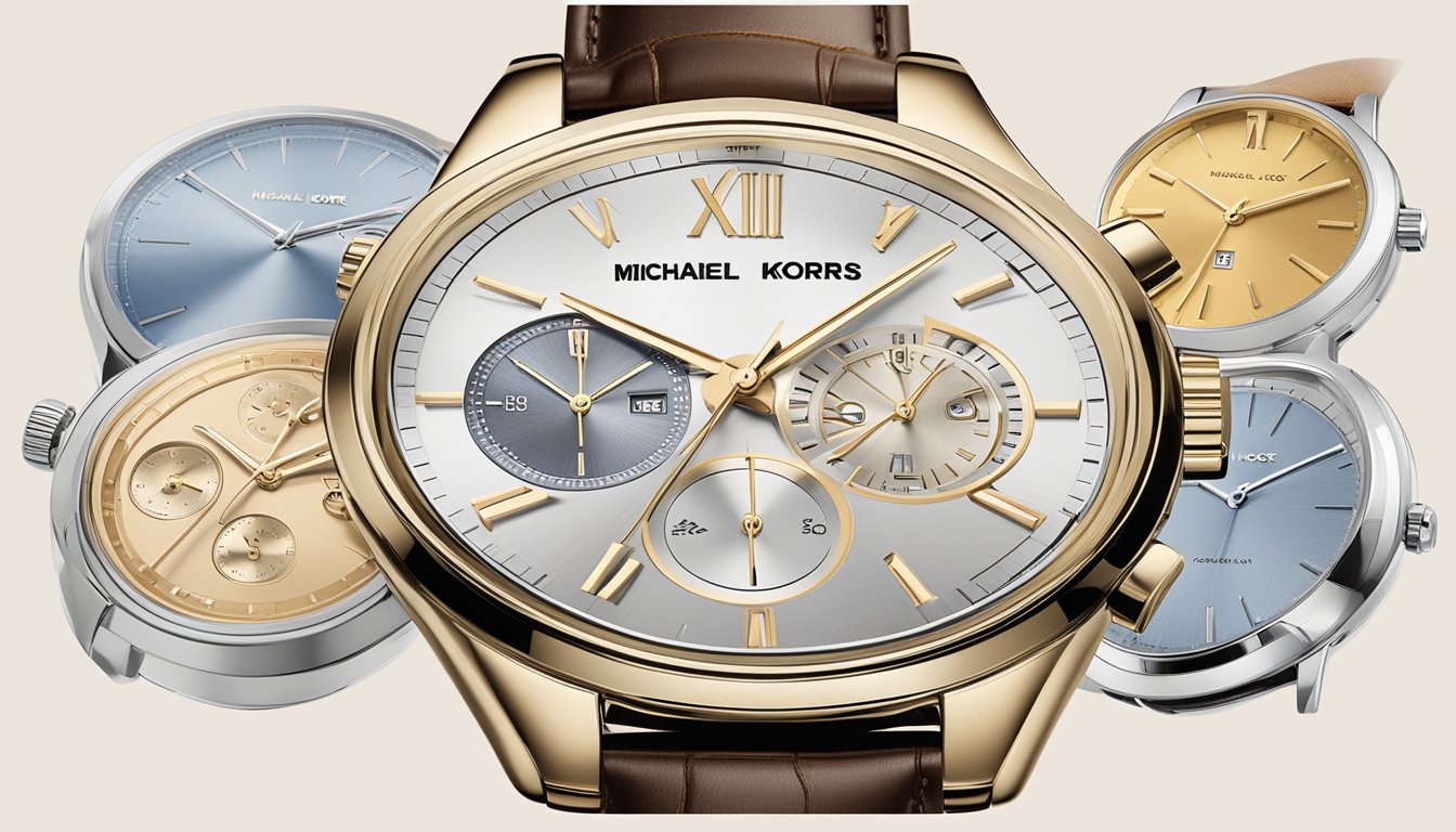 A computer screen with a browser open to a website selling Michael Kors watches. The page displays different watch styles and a "buy now" button
