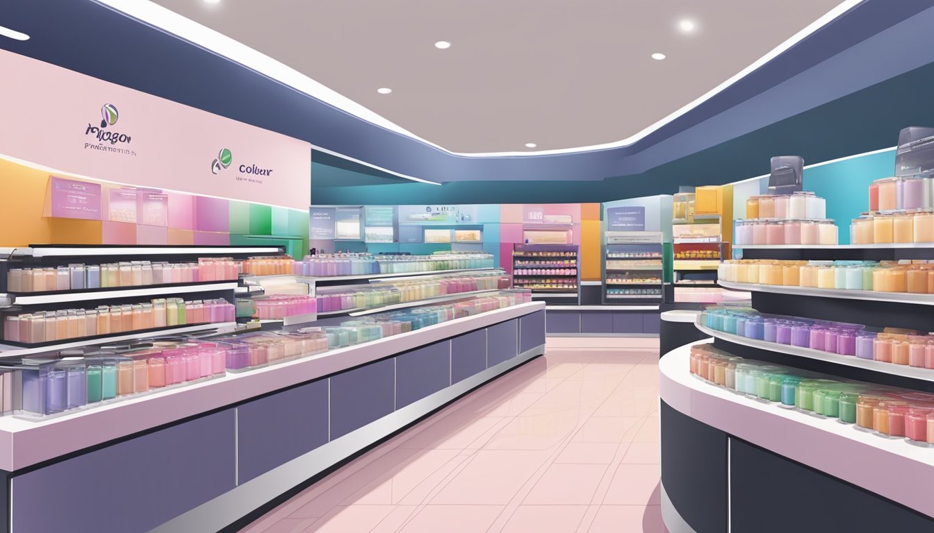 A colorful display of pigeon compact powder on a sleek, modern beauty counter in a bustling Singaporean department store