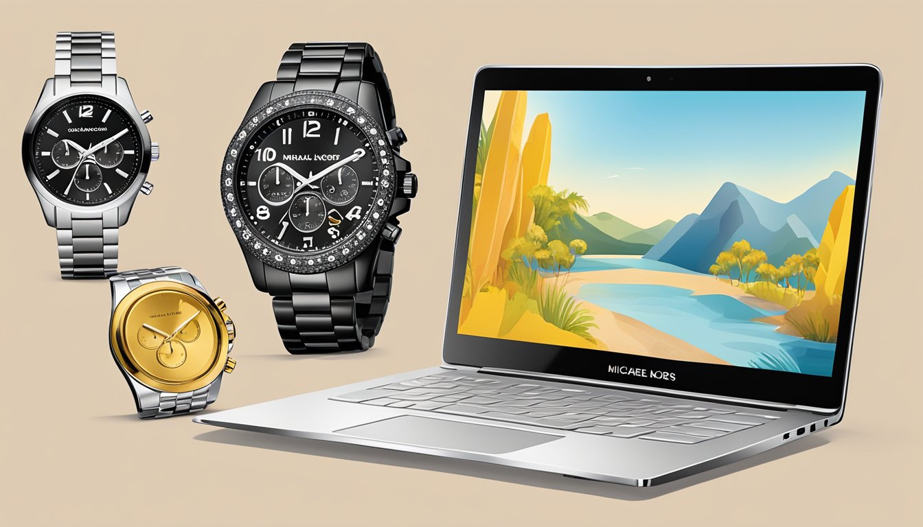 A laptop open to a website displaying a variety of Michael Kors watches. The screen shows the sleek designs and options available for purchase