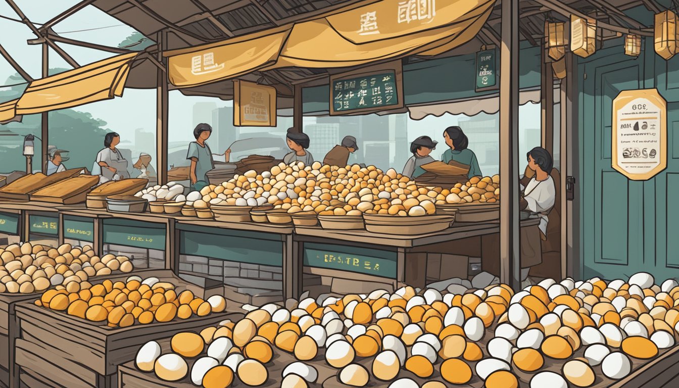 A bustling market stall in Singapore displays fresh duck eggs in neat rows, with a sign proudly announcing their availability