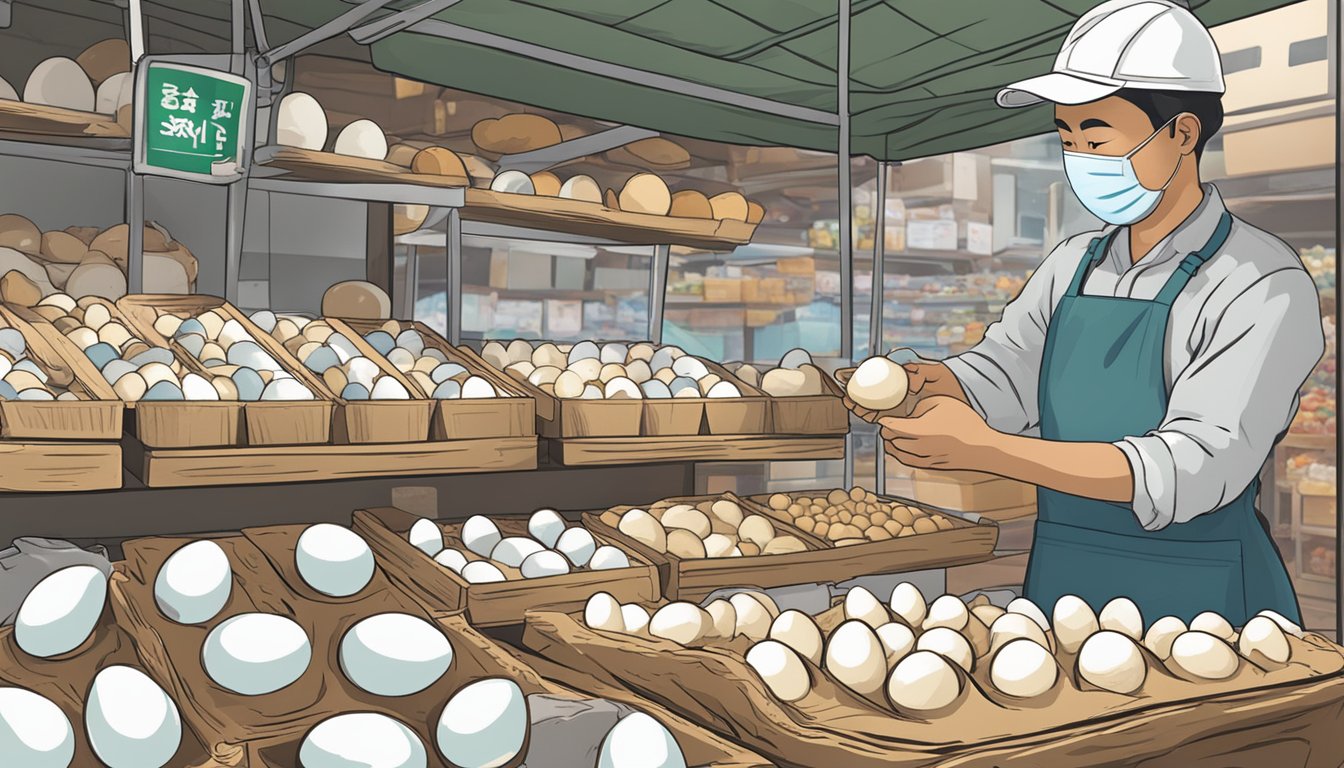 A person wearing a face mask and gloves carefully selects duck eggs from a display at a local market in Singapore, with signs indicating health and safety considerations