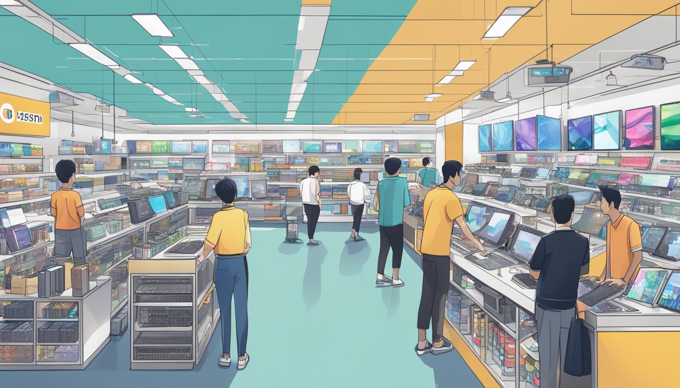 A bustling electronics store in Singapore showcases a variety of Prism+ monitors, with customers browsing and making purchases