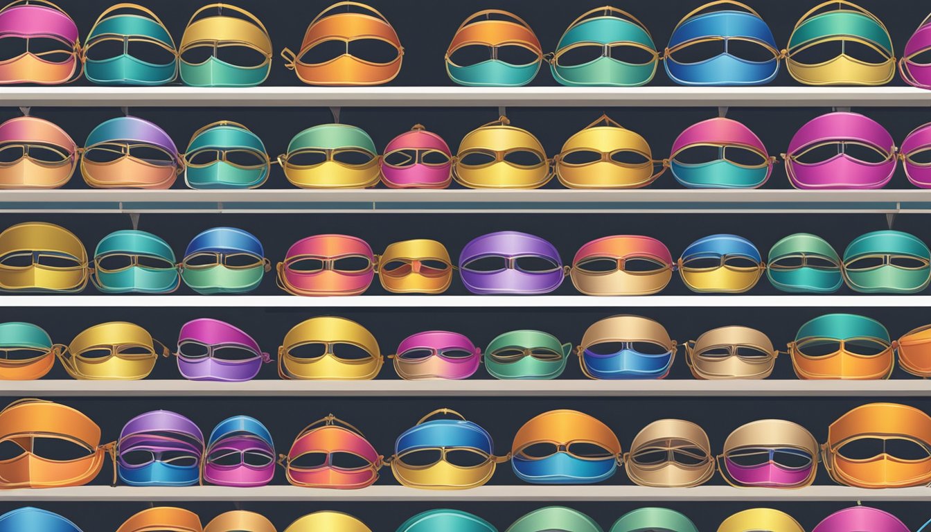 A display of colorful eye masks arranged on shelves in a well-lit boutique in Singapore, with price tags and a variety of styles and materials