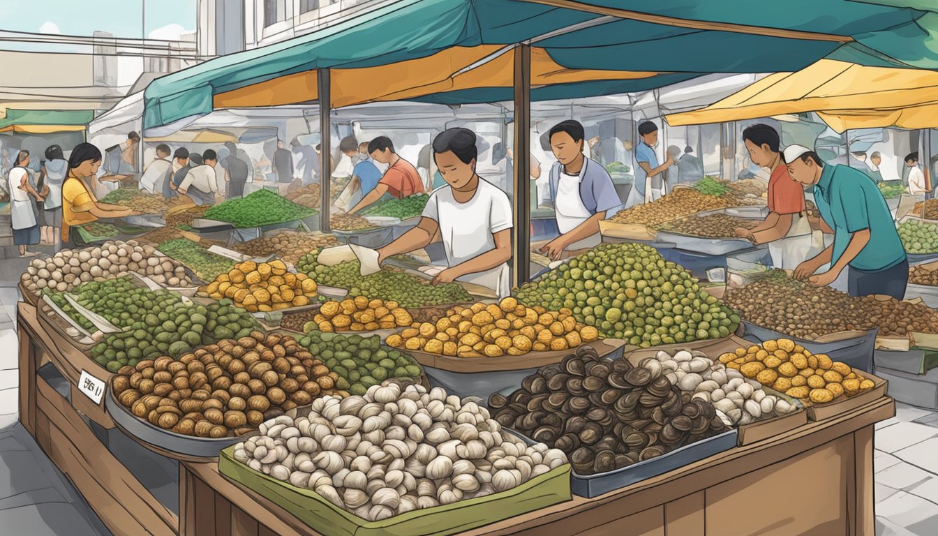 A bustling Singapore market stall displays an array of fresh snails in various sizes and colors, with a sign proudly proclaiming "Best Places to Purchase Snails in Singapore."