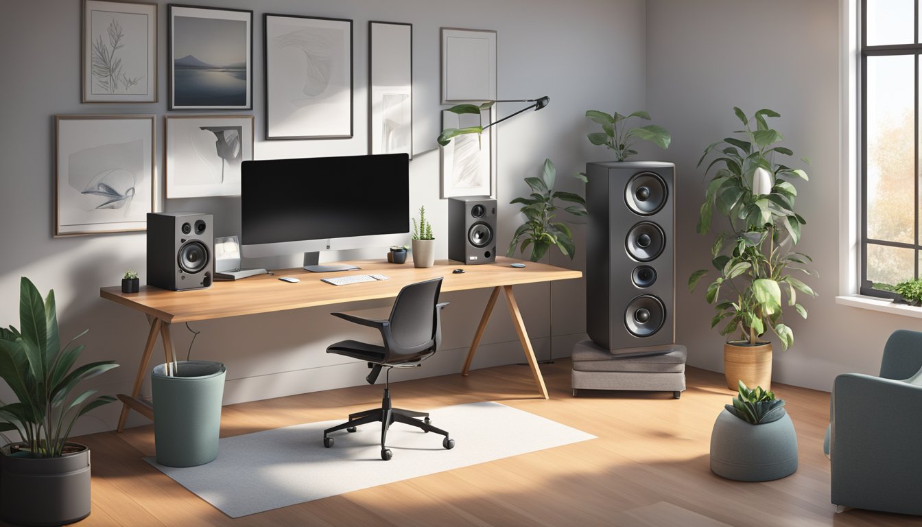 A sleek Prism+ monitor sits on a clean desk, surrounded by high-quality speakers and a comfortable chair. The room is well-lit with natural light, creating an optimal viewing environment