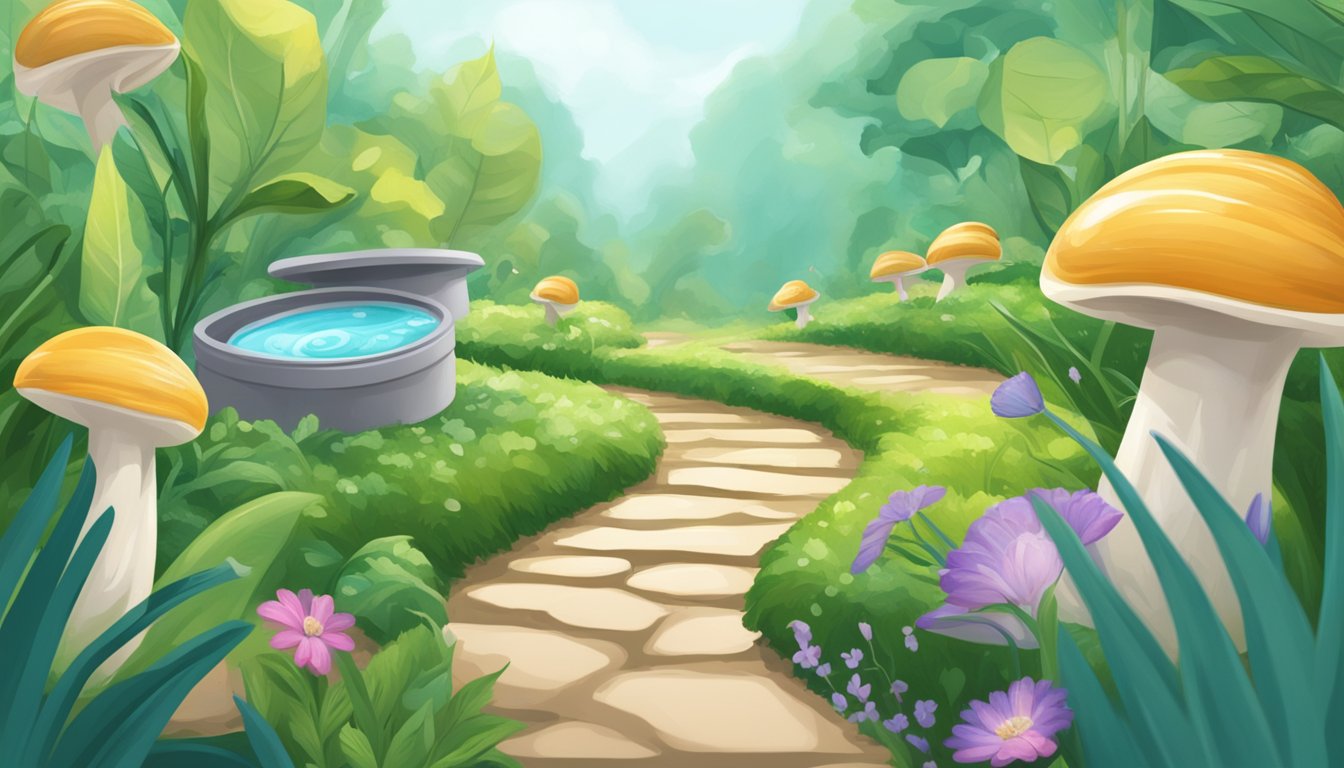 A snail glides across a lush garden, leaving a trail of shimmering slime. Nearby, jars of snail-based skincare products are displayed for sale