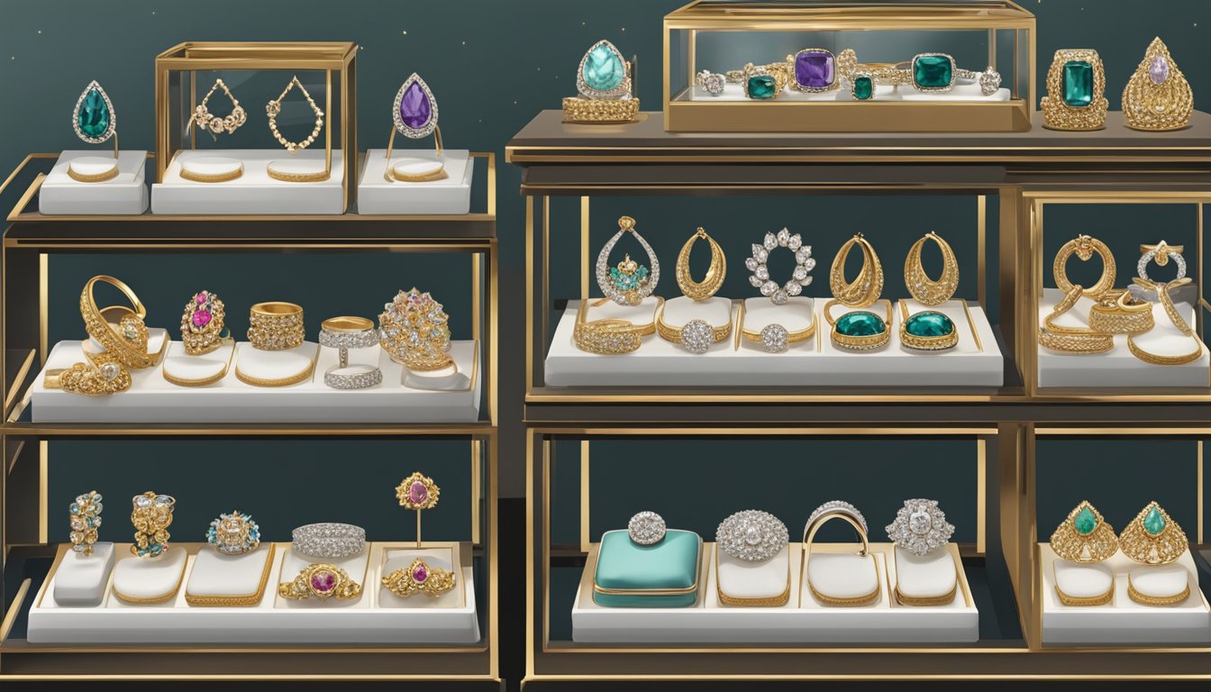 A display of ear studs in a Singapore jewelry store, with various styles and designs showcased on velvet cushions or in glass cases