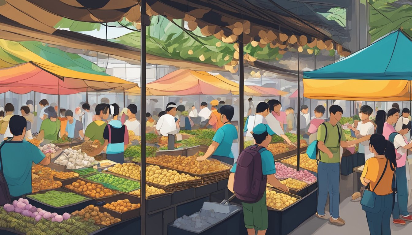 A bustling marketplace with colorful stalls selling live snails in Singapore. Customers inquire about prices and locations, while vendors display their fresh snails