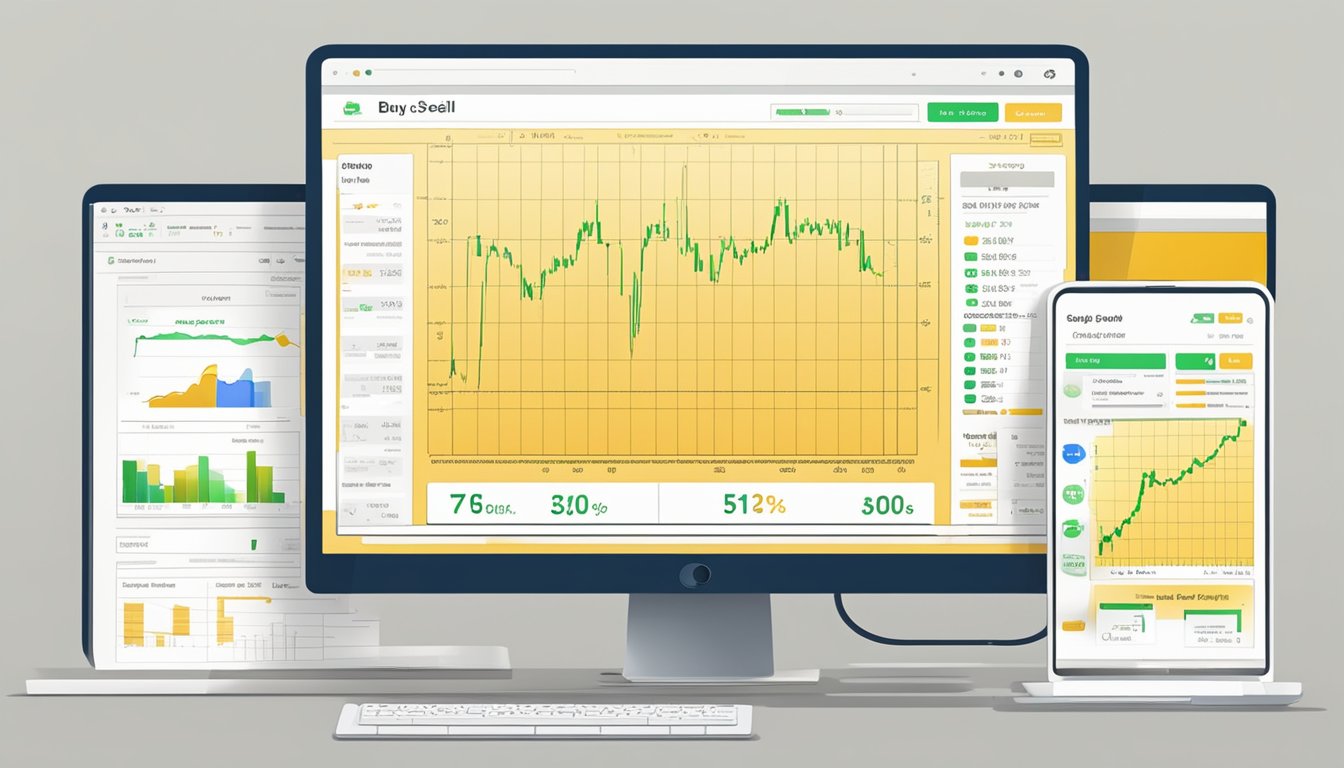 A computer screen with a "buy sell gold online" webpage open, showing price charts and trading options