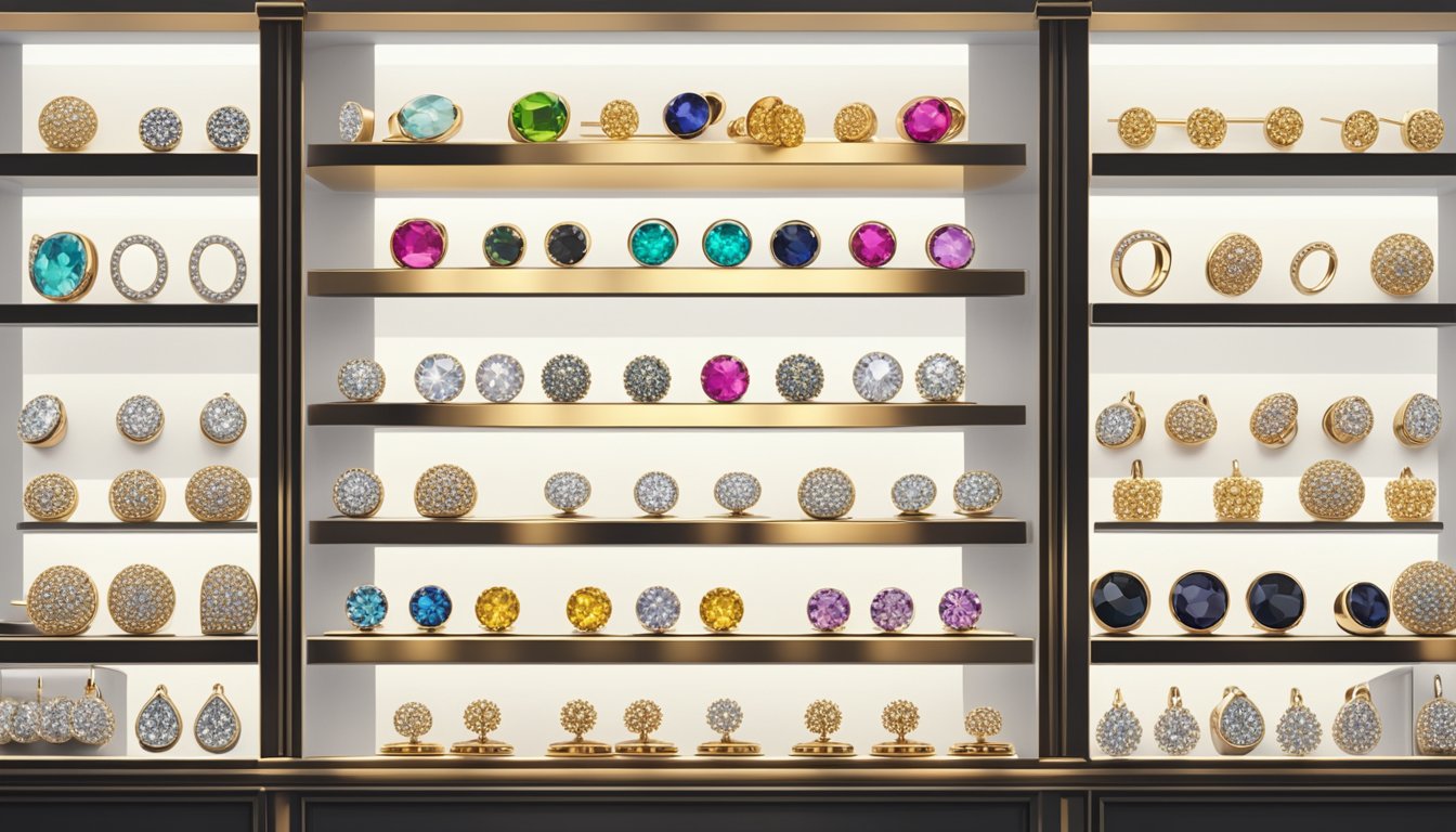 A display of various ear studs gleaming under bright lights in a modern jewelry store in Singapore. Shelves neatly arranged with different styles and materials