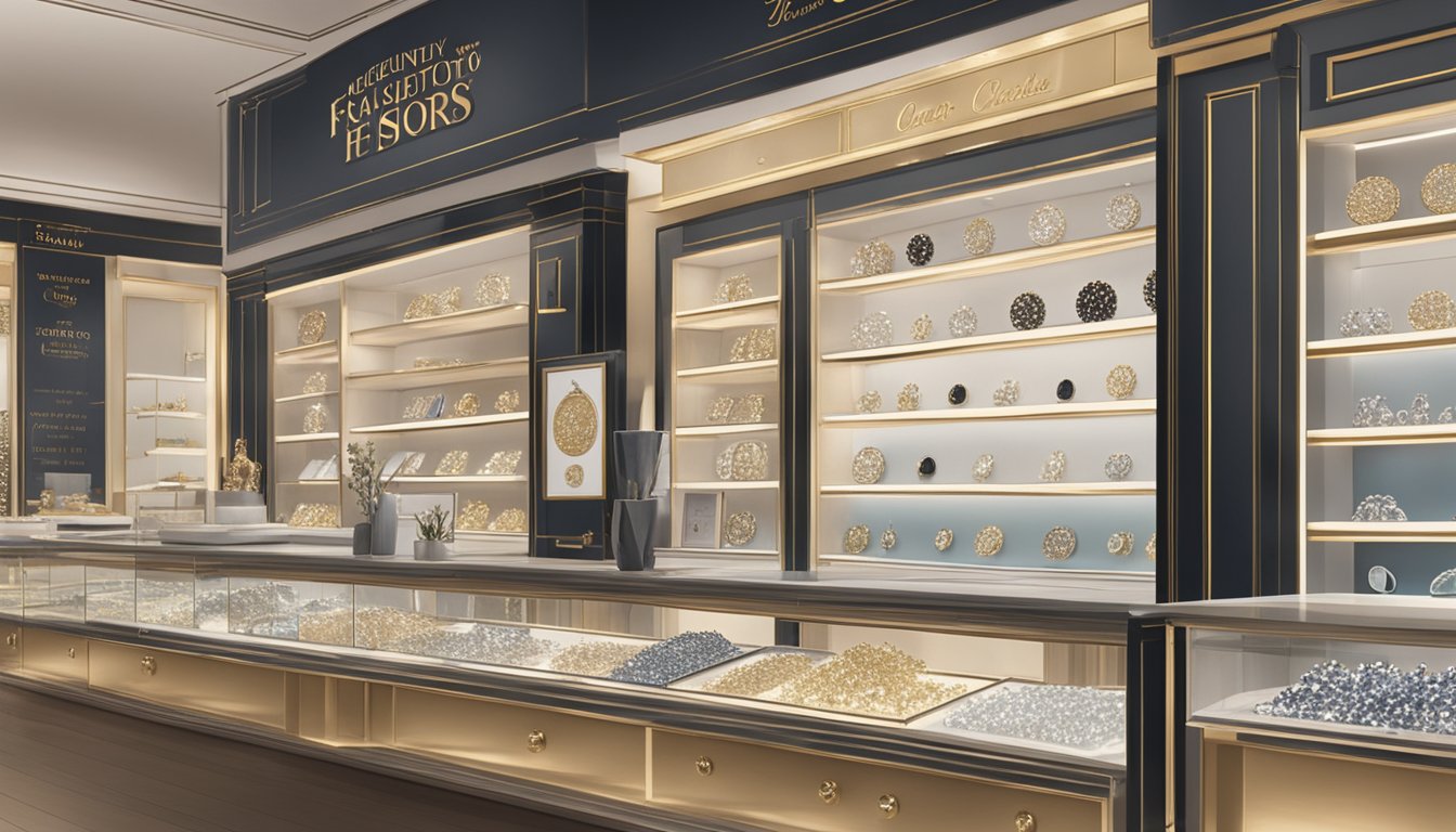 A display of various ear studs in a Singapore jewelry store, with a sign reading "Frequently Asked Questions: where to buy ear studs in Singapore."