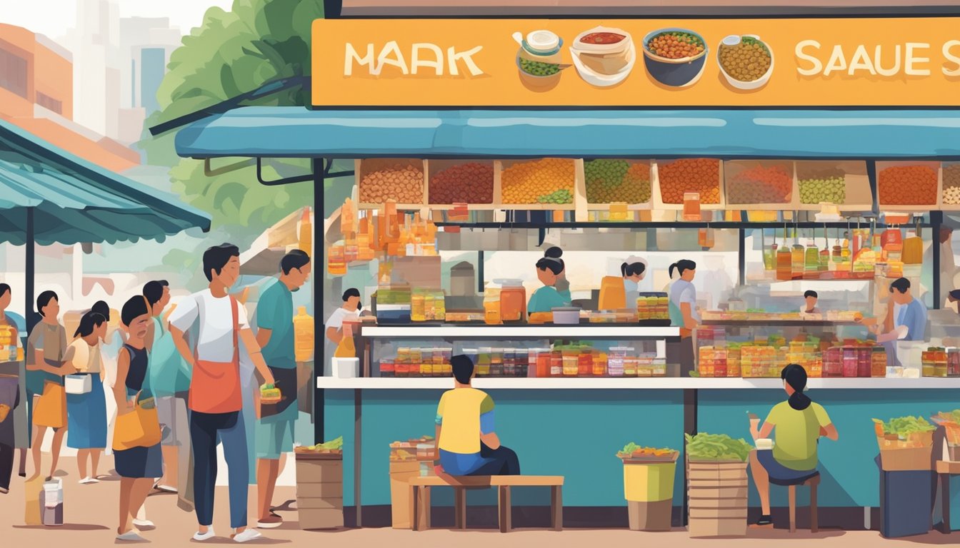 A bustling hawker center in Singapore, with colorful stalls selling various sauces and condiments. A sign prominently displays "Rojak Sauce" with vendors busy attending to customers