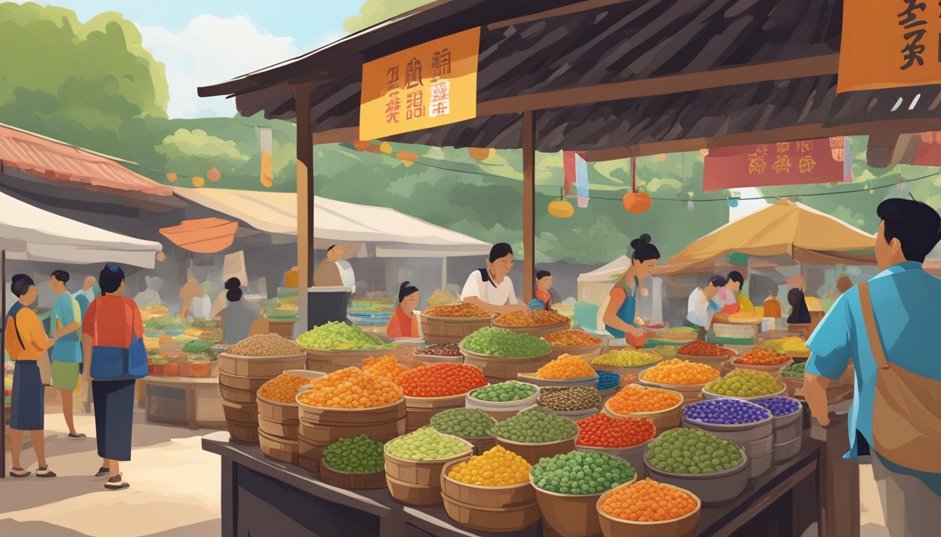 A bustling Singaporean market stall sells jars of rojak sauce, with colorful labels and enticing aromas. The vendor chats with customers, surrounded by baskets of fresh produce