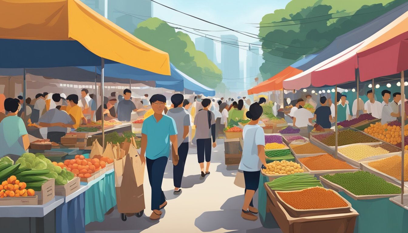 A bustling Singaporean market, with colorful stalls selling various ingredients for rojak sauce. Aromatic spices and fresh fruits fill the air, while vendors eagerly showcase their unique flavors