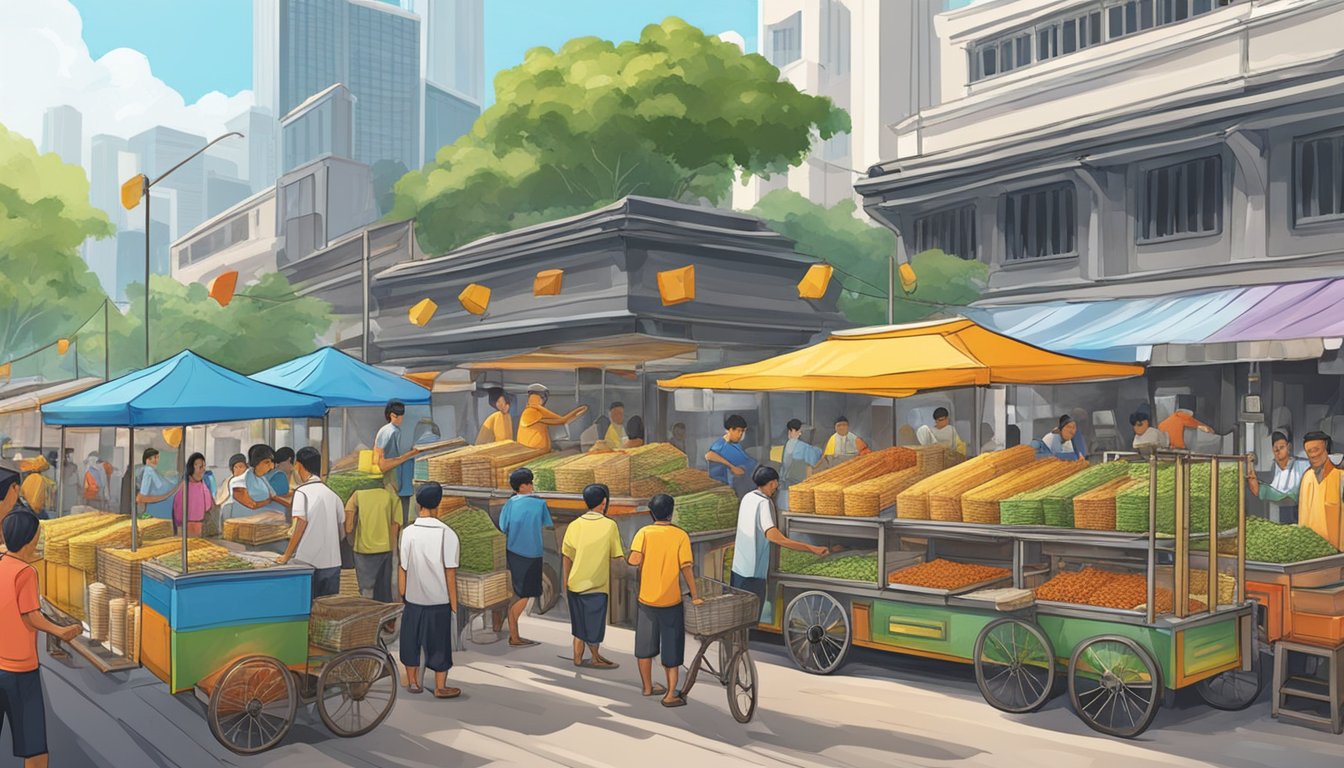 A bustling Singapore market showcases various sugar cane machines for sale. Brightly colored machines and vendors attract eager customers