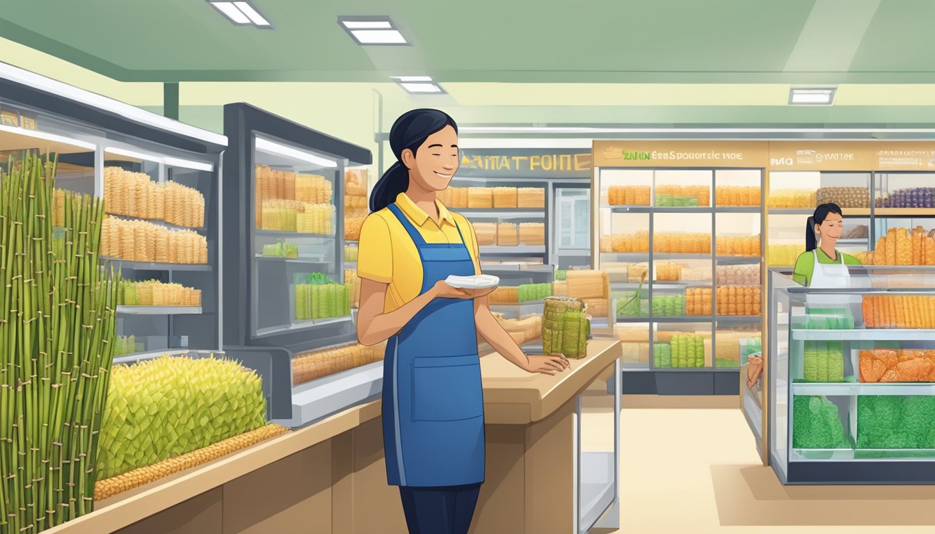 A customer service representative assists a client with a sugar cane machine purchase in a modern and well-lit retail store in Singapore