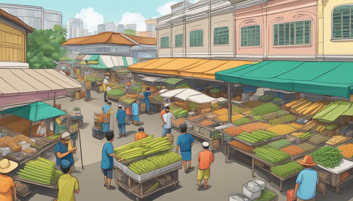 A bustling market with various vendors selling machinery, including a prominent display of sugar cane machines, in Singapore