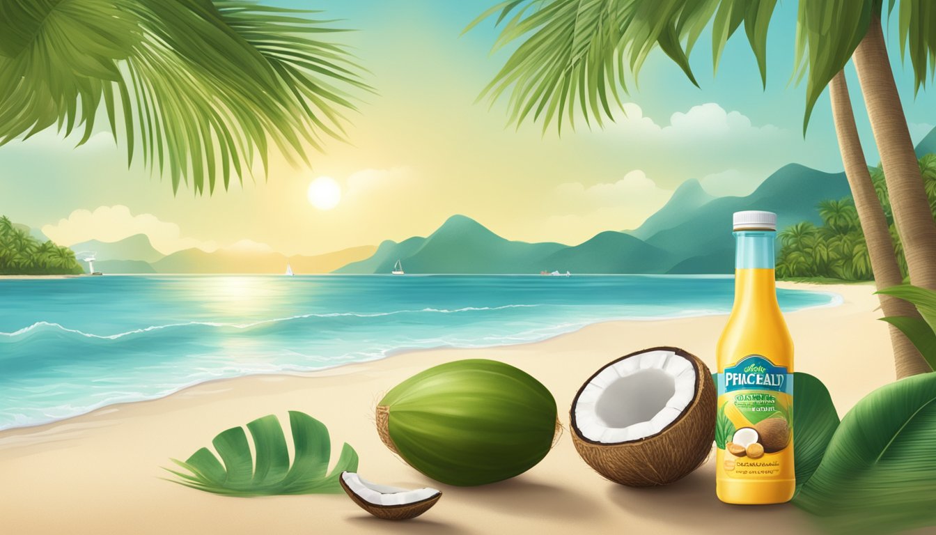 A tropical scene with a bottle of Snake Brand Prickly Heat Powder surrounded by palm trees, coconuts, and a sunny beach in Singapore