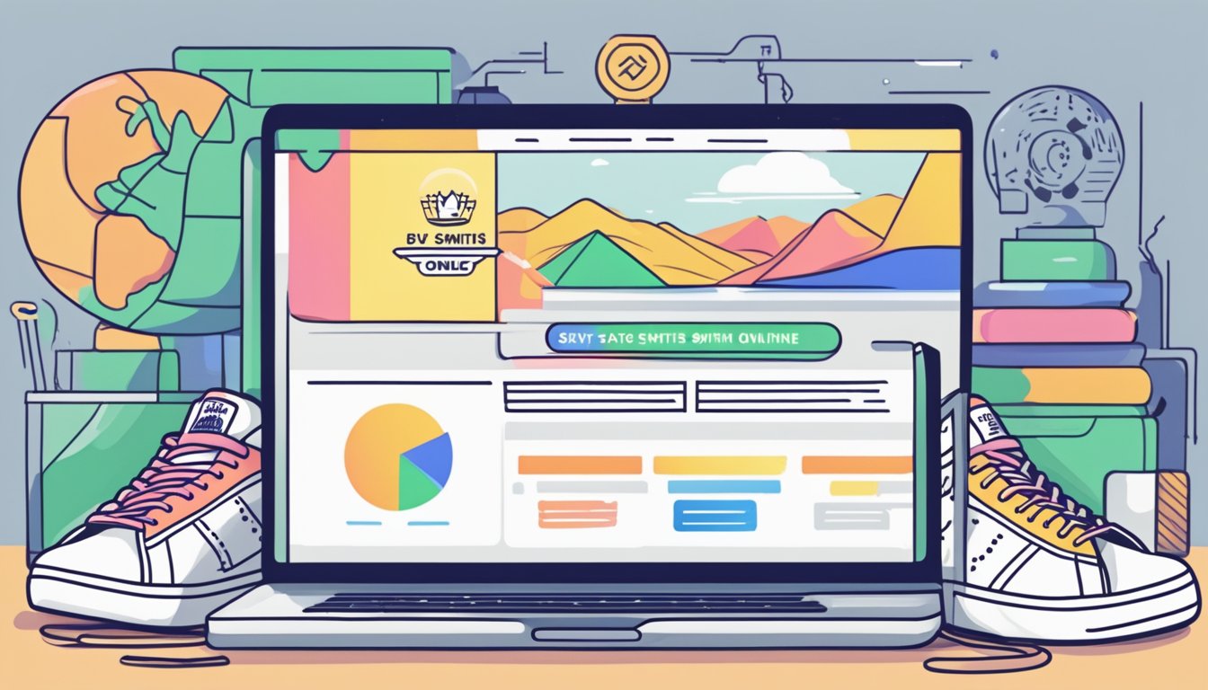 A computer screen displaying a website with the words "buy stan smith online" and a pair of the iconic sneakers