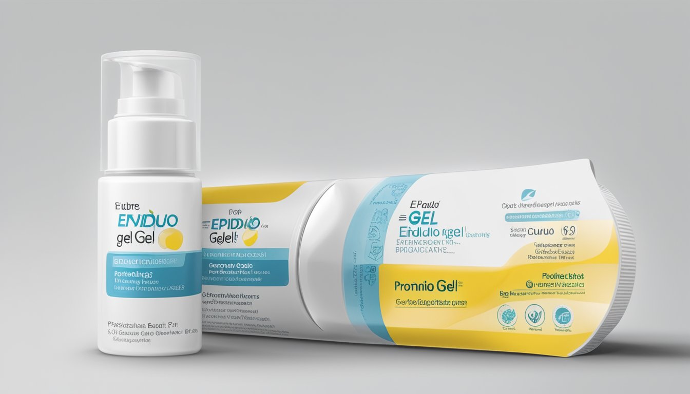 A tube of Epiduo Gel sits on a clean, white countertop. The label is clear and easy to read, with the product name and benefits prominently displayed