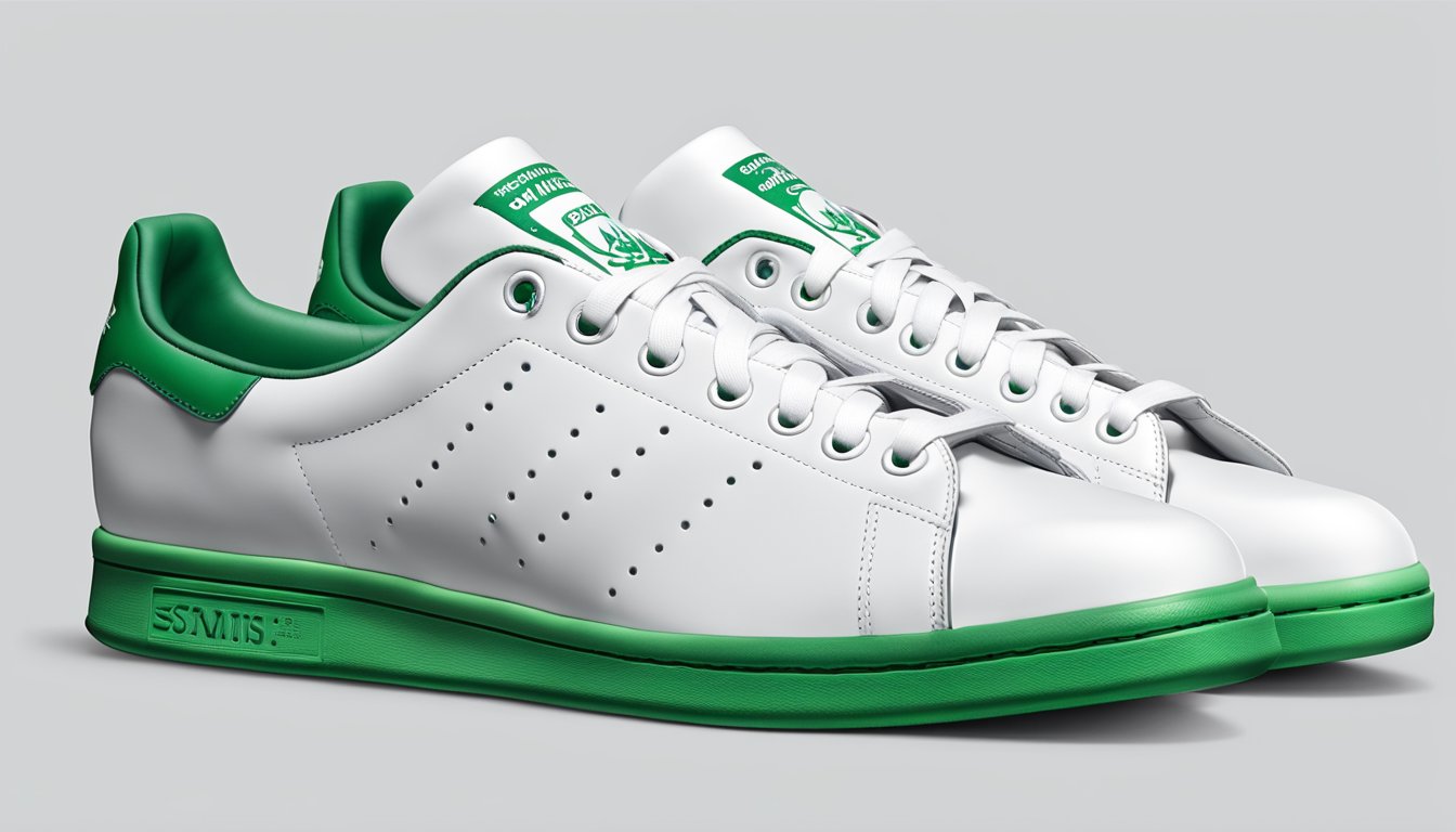 A pair of Stan Smith sneakers is revealed in a sleek, minimalist setting, with emphasis on the iconic green heel tab and clean white leather upper
