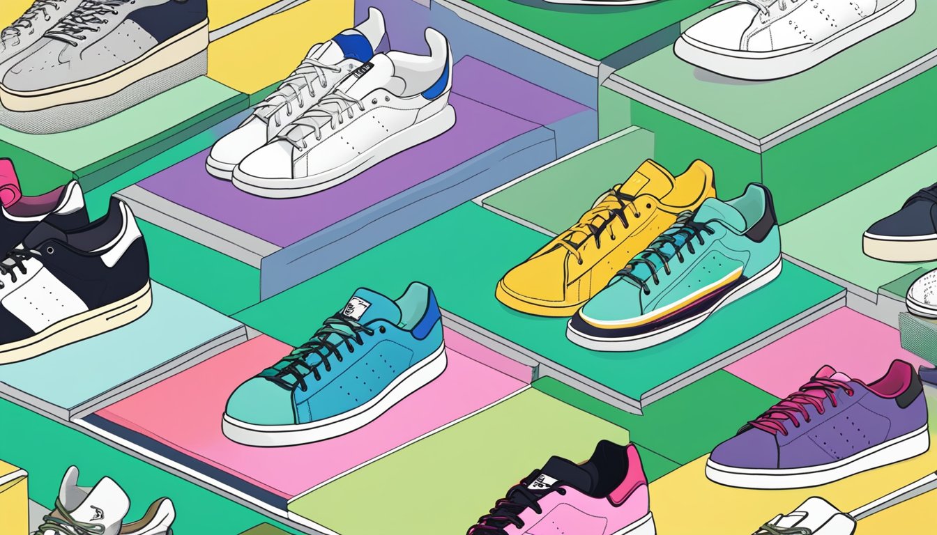 A computer screen displaying a website with various options to buy Stan Smith sneakers online, surrounded by a collection of different colored and styled shoes