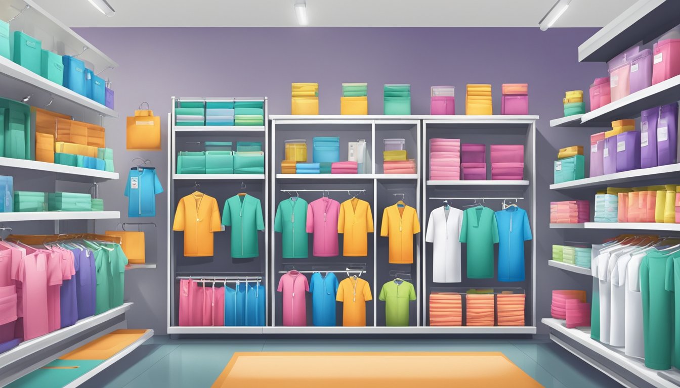 A brightly lit store display showcases a variety of colorful medical scrubs in a range of sizes and styles. Shelves are neatly organized with neatly folded and hanging garments, while a helpful sales associate assists a customer nearby