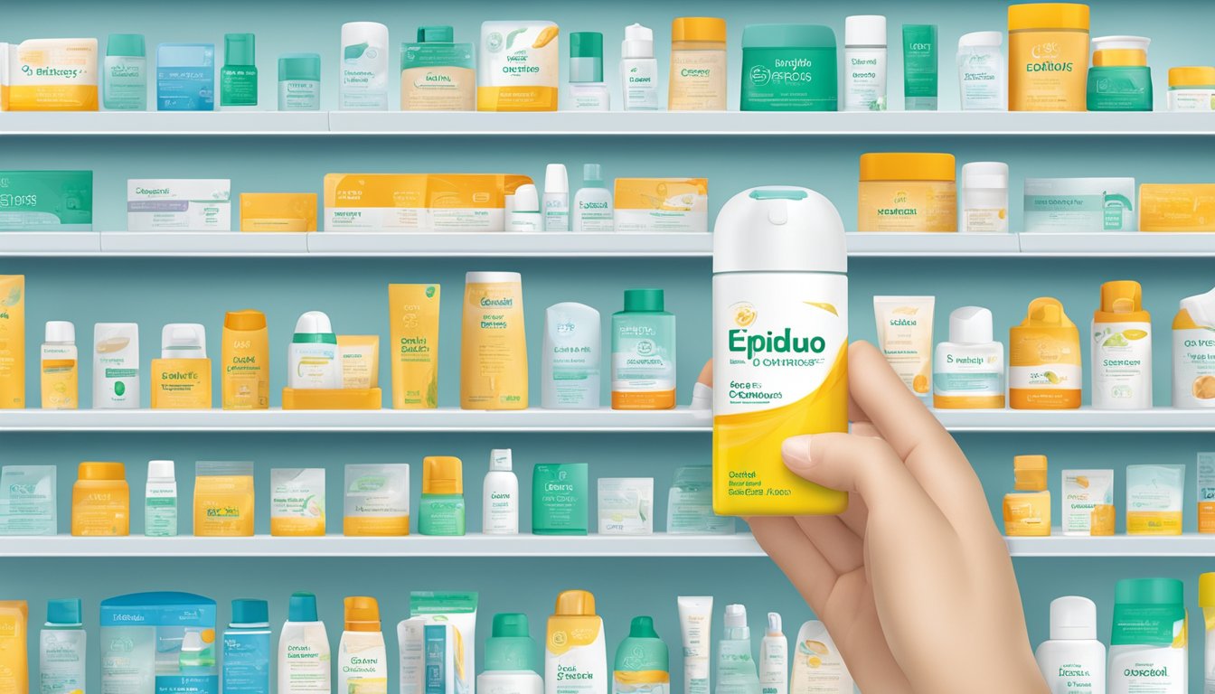 A hand reaches for a box of Epiduo Gel on a pharmacy shelf in Singapore. The bright packaging stands out against the clean, organized display