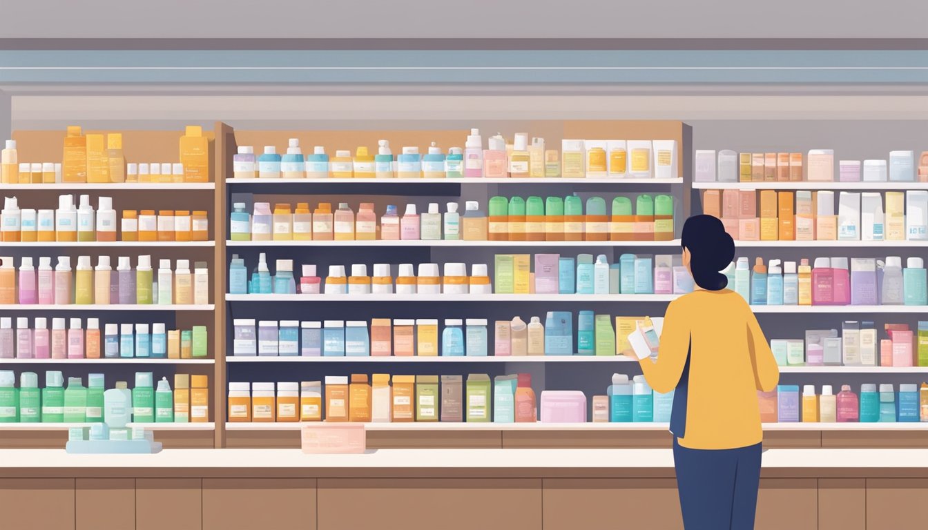 A pharmacy counter with shelves of skincare products. A customer asks a pharmacist about where to buy Epiduo gel in Singapore