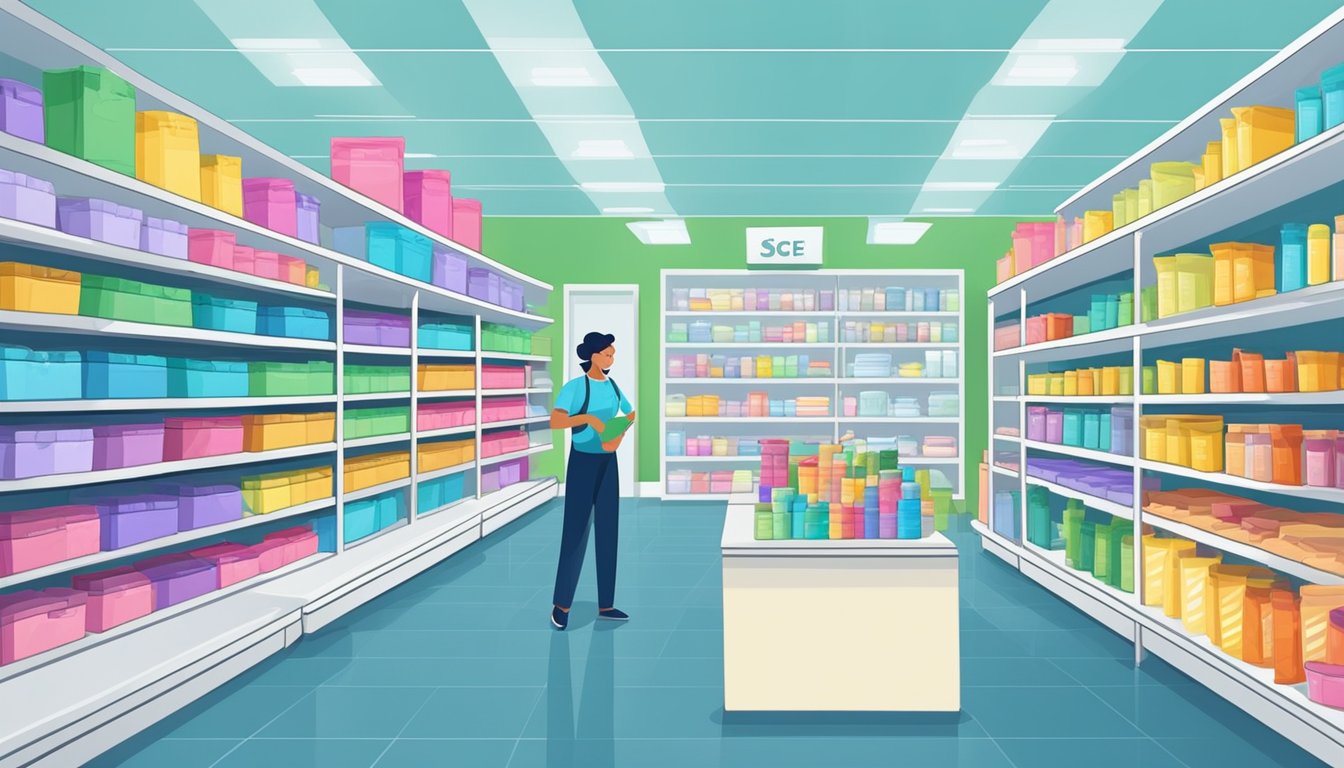 A brightly lit store with rows of colorful scrubs neatly displayed on shelves. A friendly salesperson assists a customer with selecting the perfect scrub set