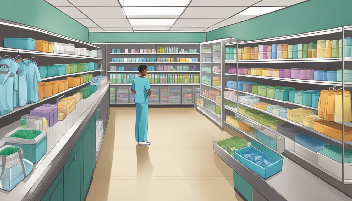 A well-lit, spacious store with neatly organized shelves displaying a variety of high-quality scrubs in different colors and sizes. Customers browsing through the selection with helpful staff assisting them