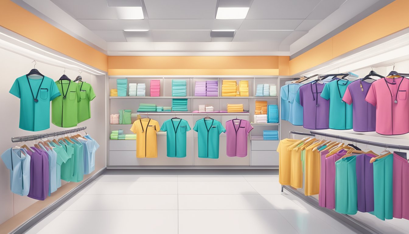 A display of colorful scrubs in a well-lit store in Singapore, with signage indicating "Frequently Asked Questions: Where to buy scrubs."