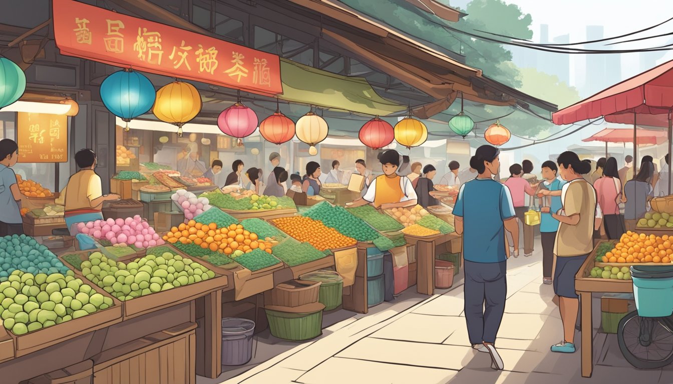 A bustling Singapore market stall sells tang yuan, with colorful displays and eager customers
